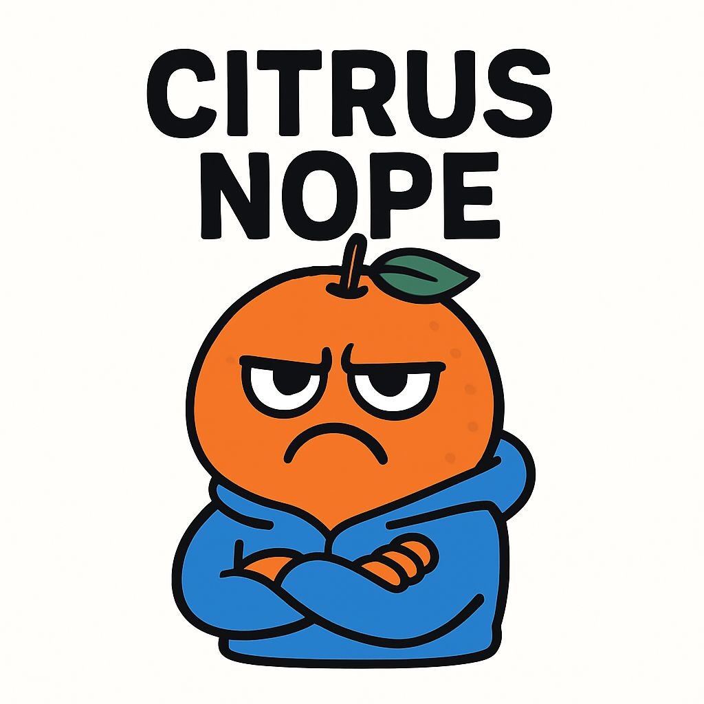 Frustrated Citrus Character in Hoodie with 'CITRUS NOPE' Mug