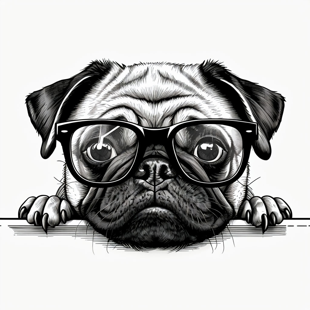 Adorable Black and White Pug Illustration with Glasses Mug