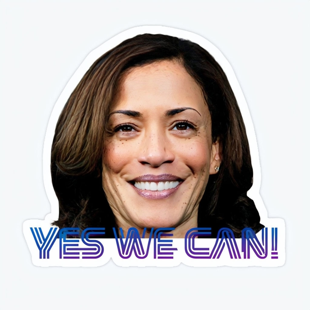 Kamala Harris Smiling Face Motivational Sticker with "YES WE CAN!" Text