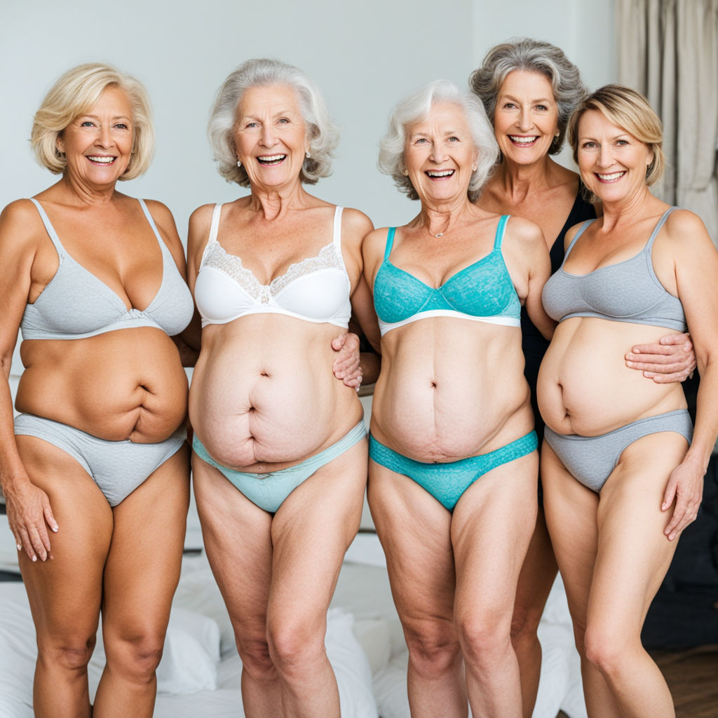 four plus size grannies in satin white sexy bras and panties