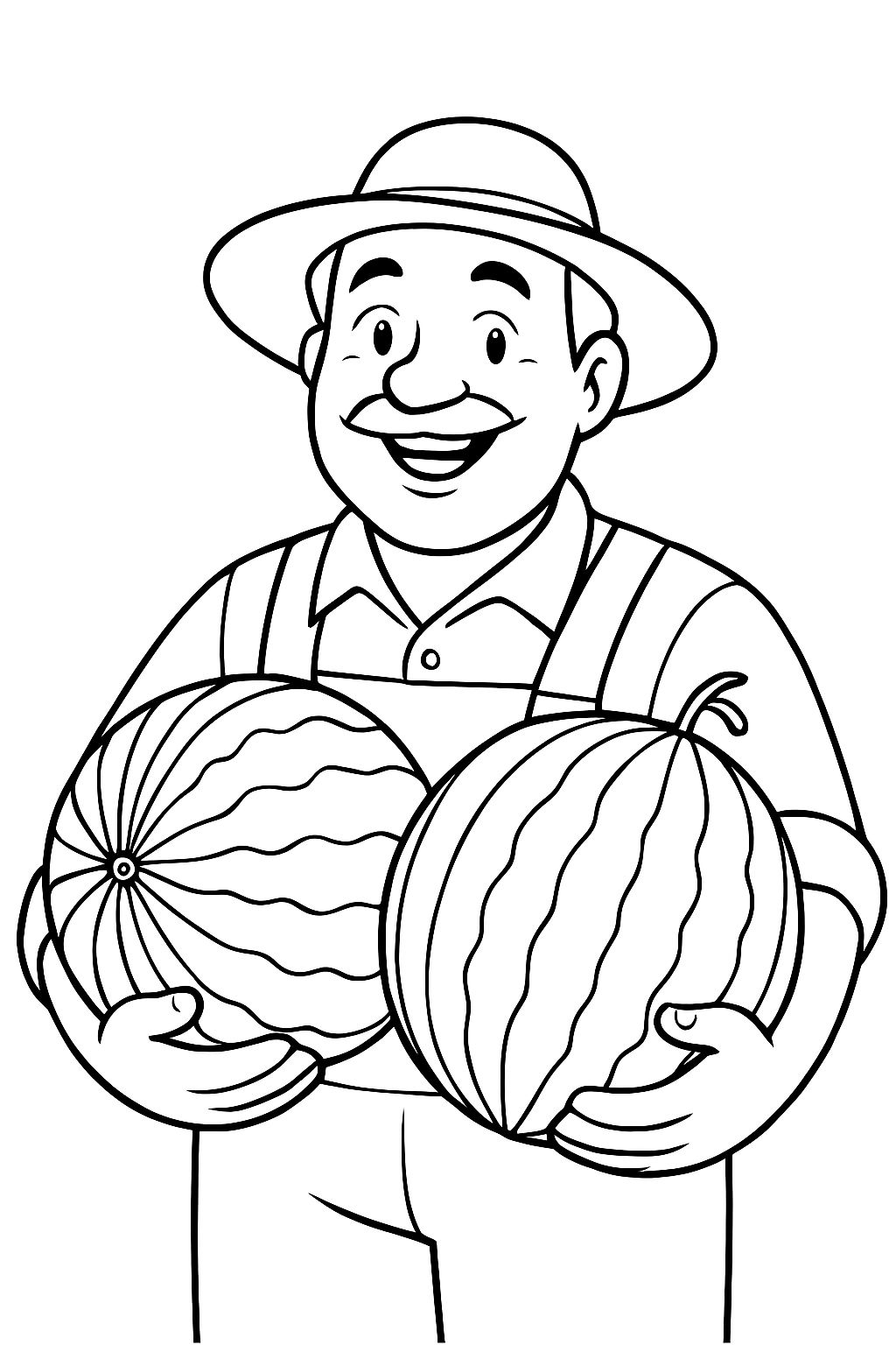 Cheerful Farmer with Watermelons Cartoon Line Drawing Coloring Book Pages