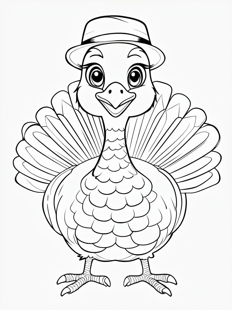 Cute Stylized Turkey Line Art Illustration for Coloring Book Page