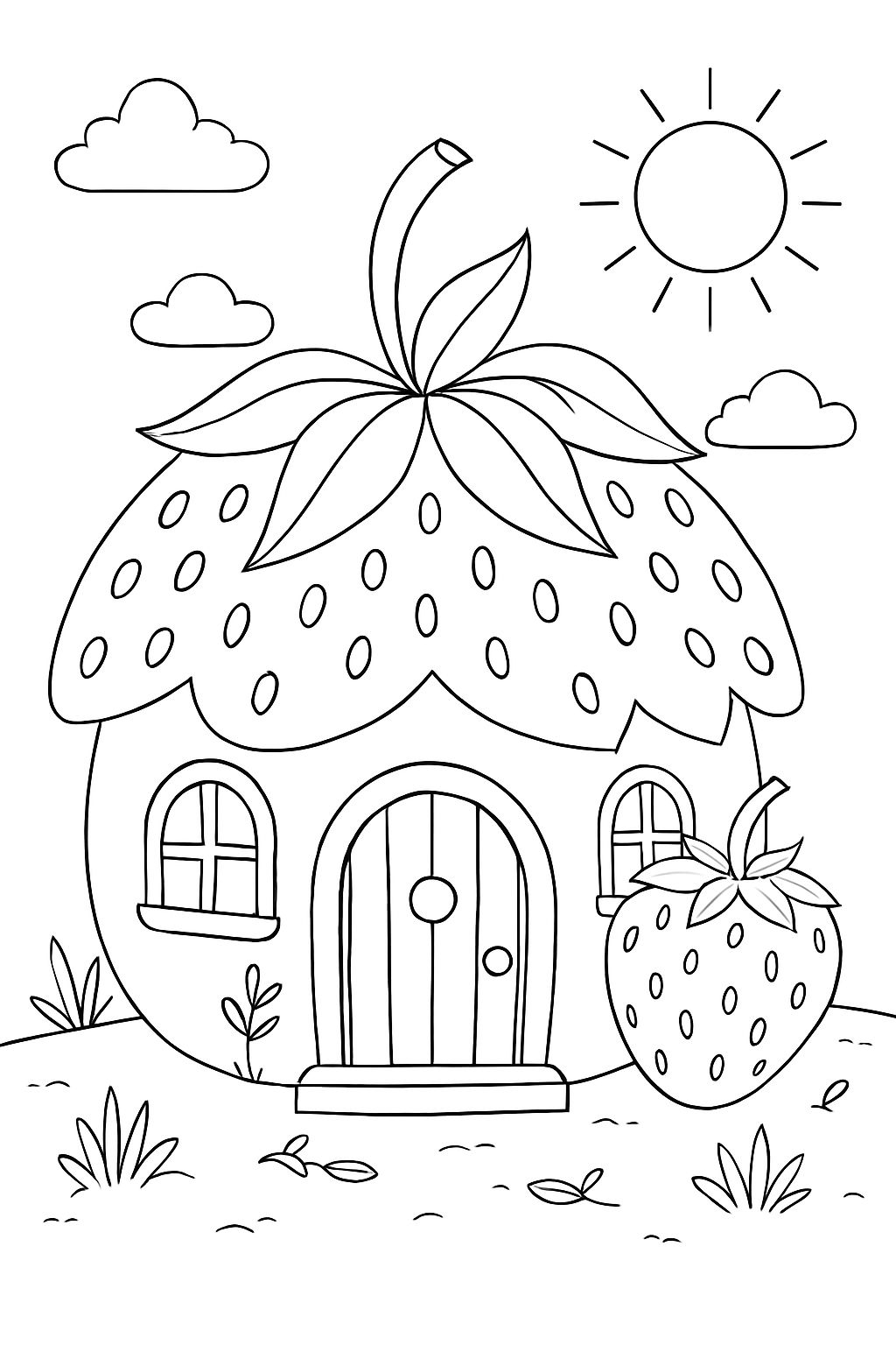 Whimsical Strawberry House Line Drawing for Coloring Book Pages