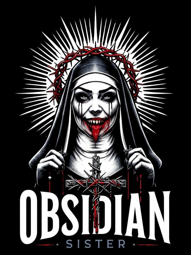 Gothic Sinister Nun Illustration with Blood and Thorns T-shirt