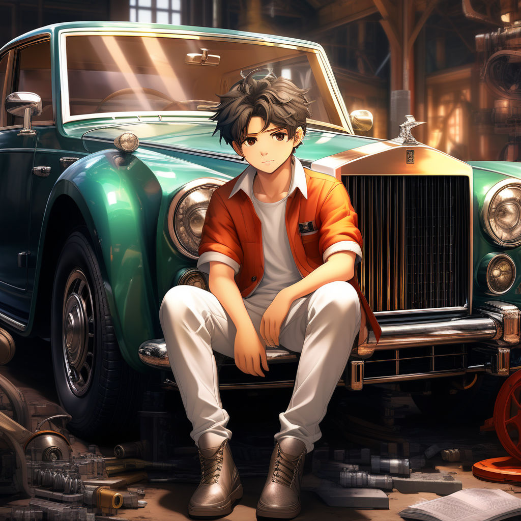 A handsome anime boy in a mechanic workshop sitting on a Rol... by ma ...