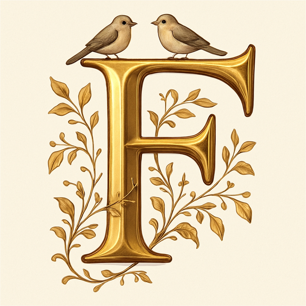 Elegant Golden Letter F with Floral Vines Illustration Monogram