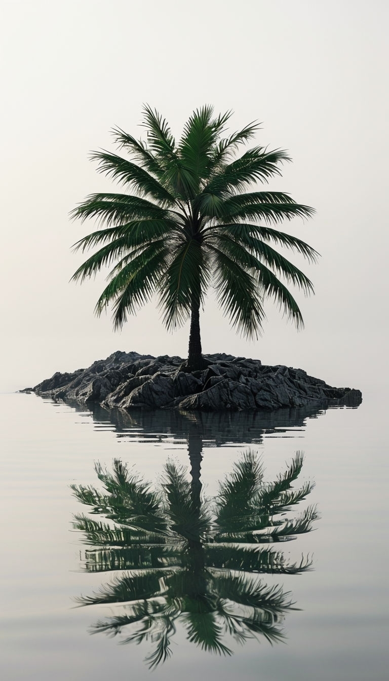 Tranquil Minimalist Palm Tree on Rocky Island Mobile Wallpaper