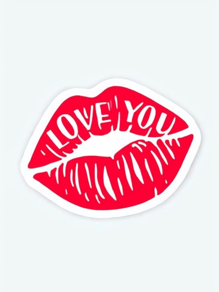 Bright Red Lips Kiss Stamp with 'LOVE YOU' Text Sticker