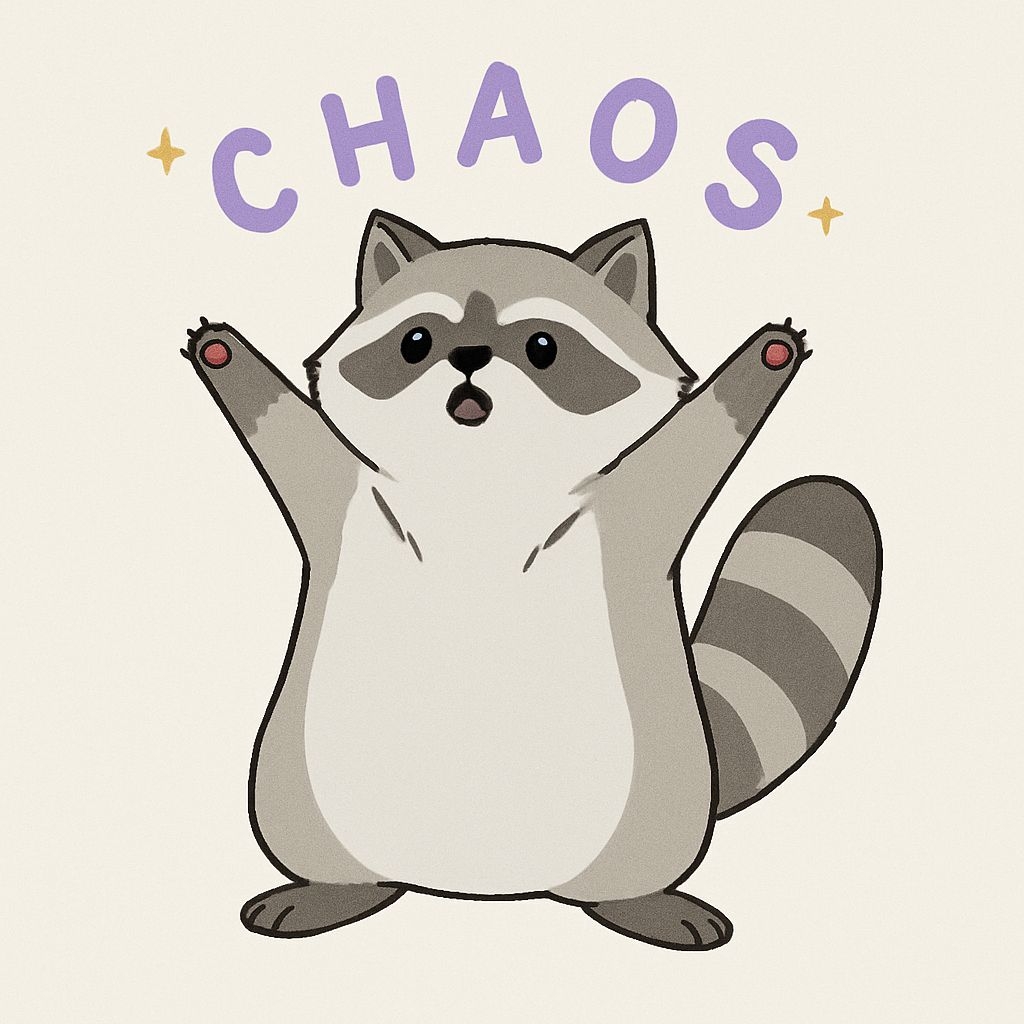 Playful Cartoon Raccoon with CHAOS Typography Sticker