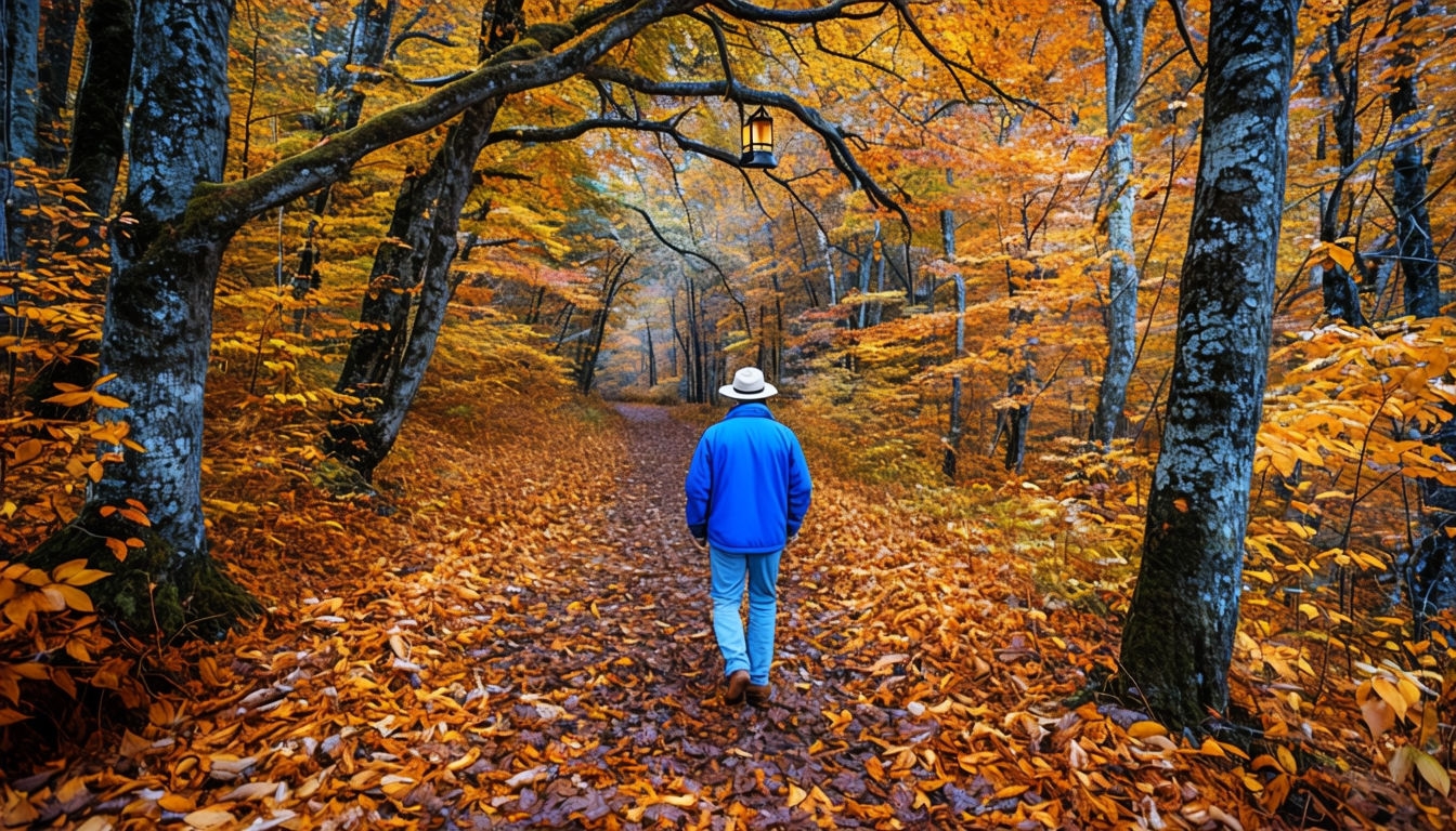 Serene Autumn Forest Walk with Colorful Foliage Background