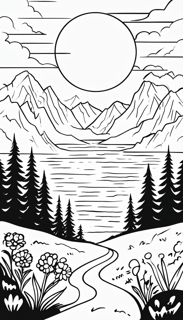 Serene Black and White Minimalist Landscape Drawing for Coloring Book Pages