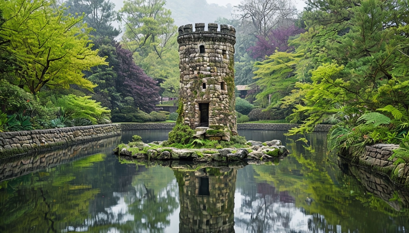 Tranquil Garden Scene with Ancient Stone Tower Virtual Backgrounds