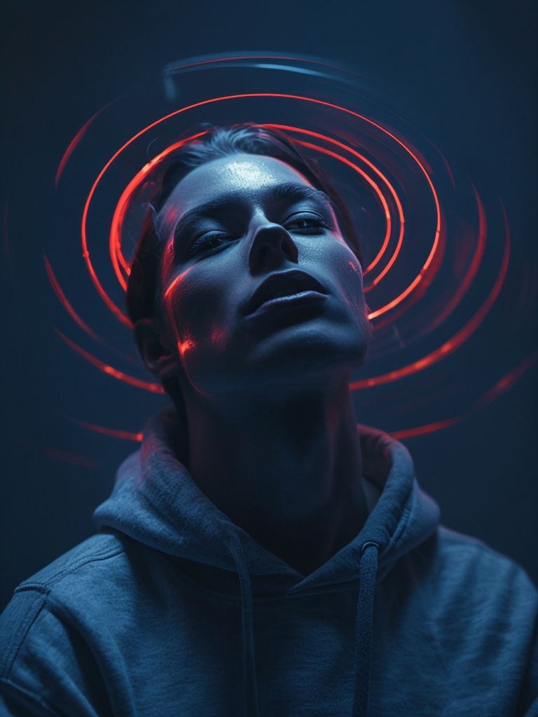 Intense Neon Red Portrait of Individual in Gray Hoodie Art