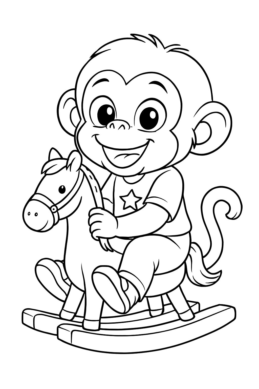 Cheerful Cartoon Monkey on Rocking Horse Coloring Page
