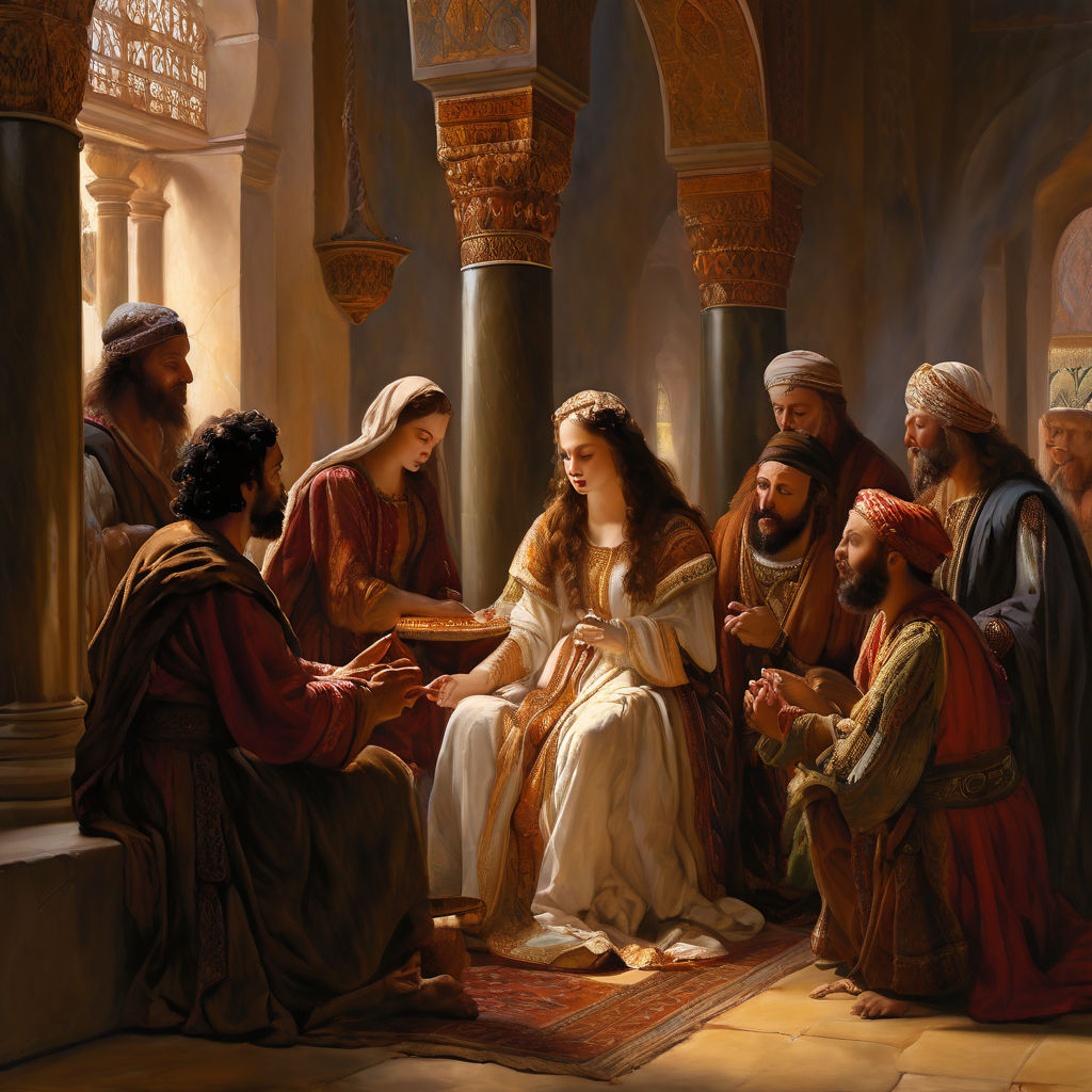 Esther and Her People Fasting - A scene showing Queen Esther... by