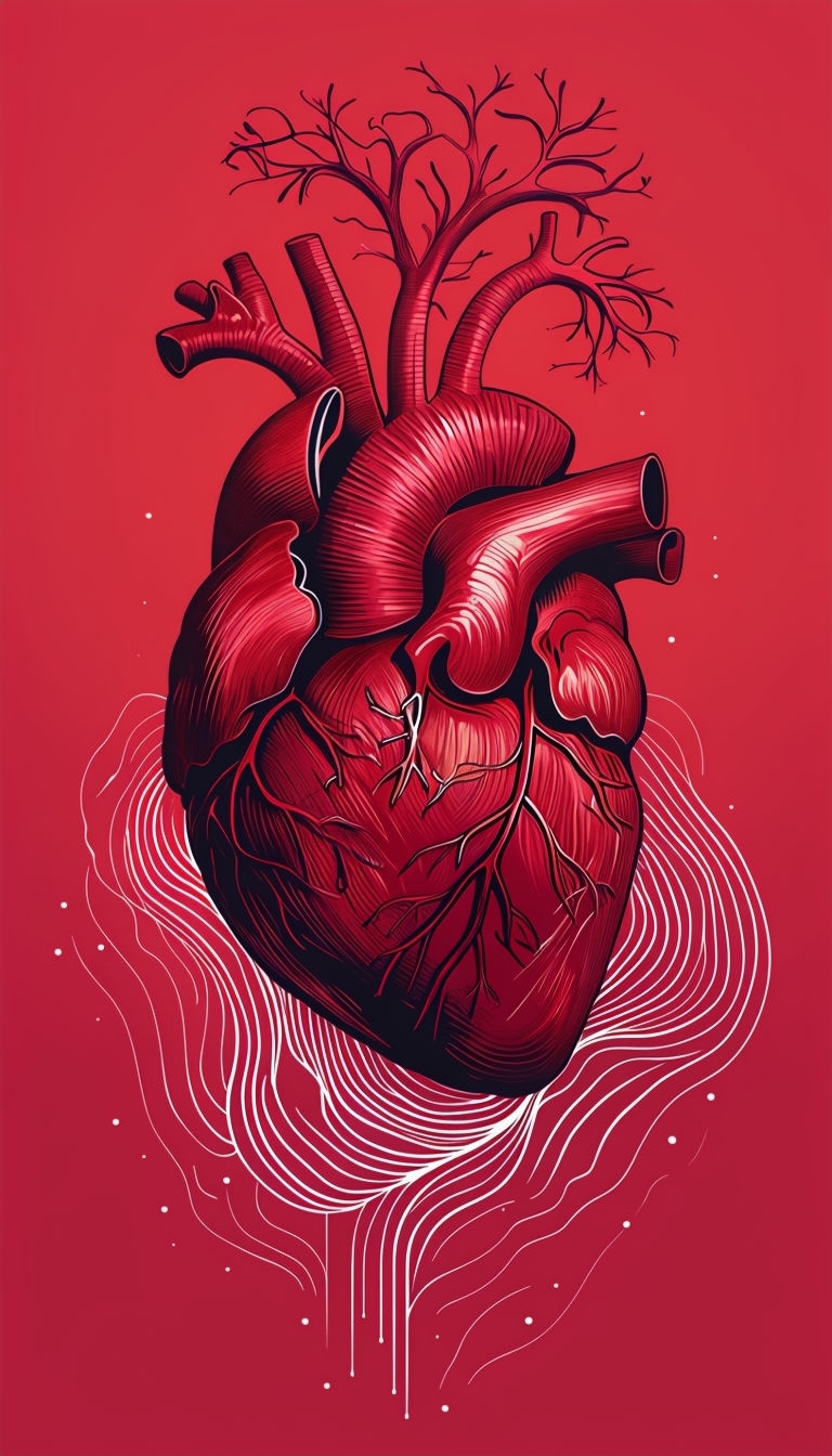 Anatomically Detailed Human Heart Illustration with Dynamic Patterns Mobile Wallpaper