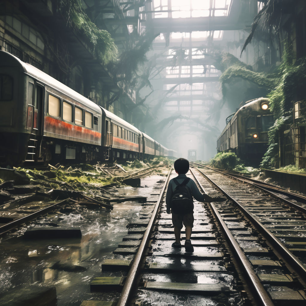 Boy trying to escape haunted trains at horror Japanese railw... by ...