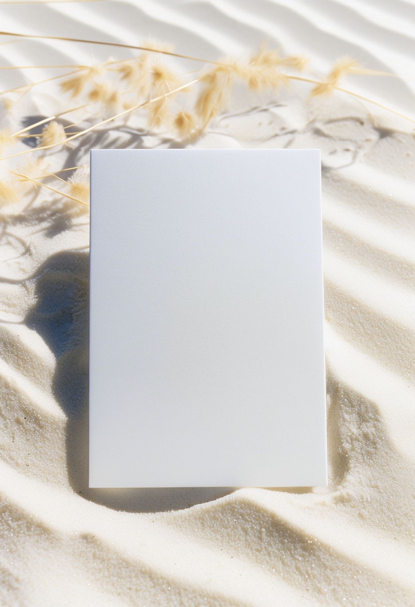 Elegant Blank Card on Beach Sand Flat Lay Mockup