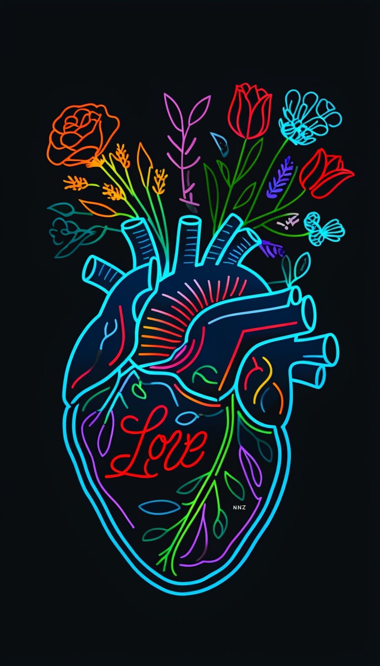 Vibrant Neon Heart Illustration with Floral Elements Phone Case Cover