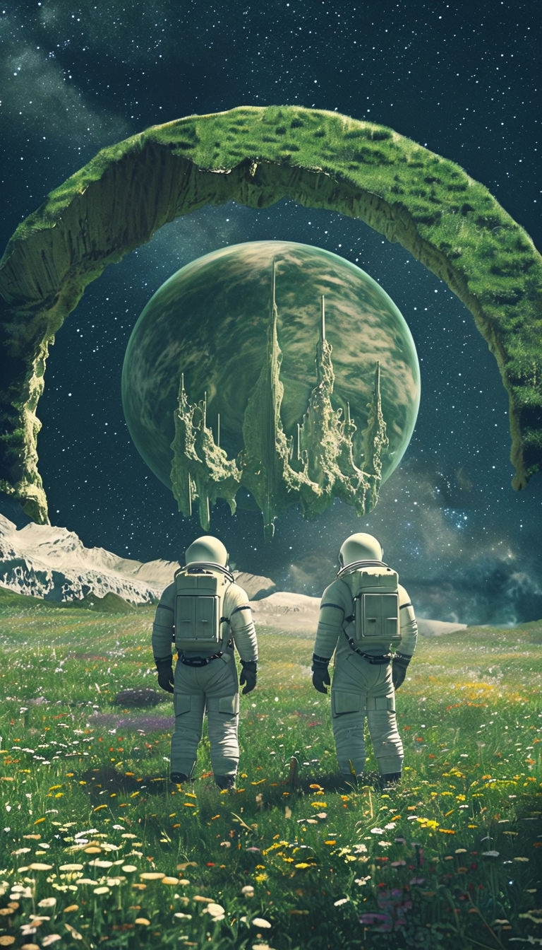 Astronauts in Lush Meadow with Cosmic Planetary Scene Mobile Wallpaper