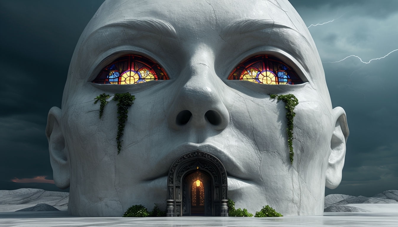 Surreal Colossal Face with Stained Glass Windows Background