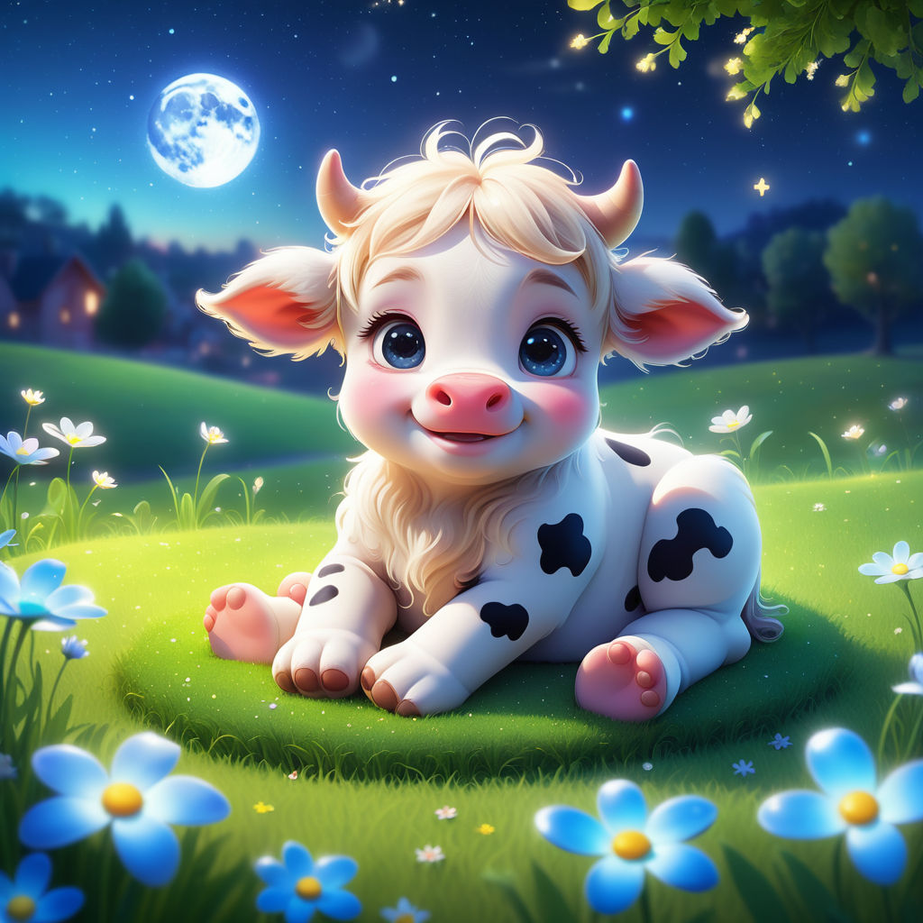 A cute Pixar-style mini cow sit on the grass micro particles... by ...