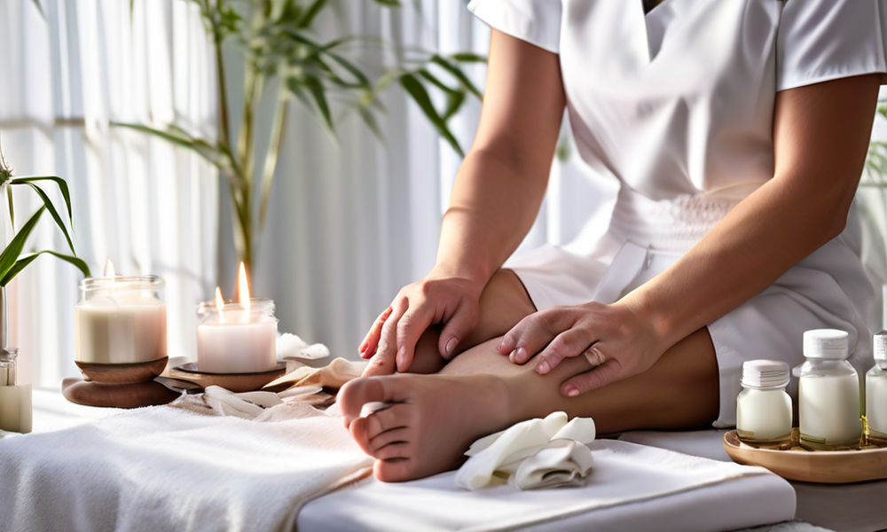 Leg waxing specialist, engrossed in the task of waxing a client's legs, arrayed on a clean, white spa table, ambient light casting a soft glow on the scene, tranquil spa decor with bamboo and waterfall elements in the background, earthy tones complementing the sterile environment, wax strips and dipped overnight jars strategically placed, soft focus, high-key lighting, ultra fine, digital painting.