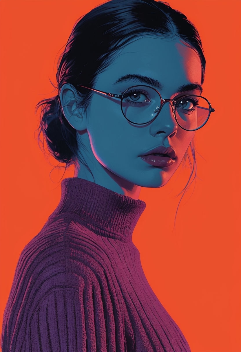 Vintage Poster Style Portrait of Woman with Glasses Art