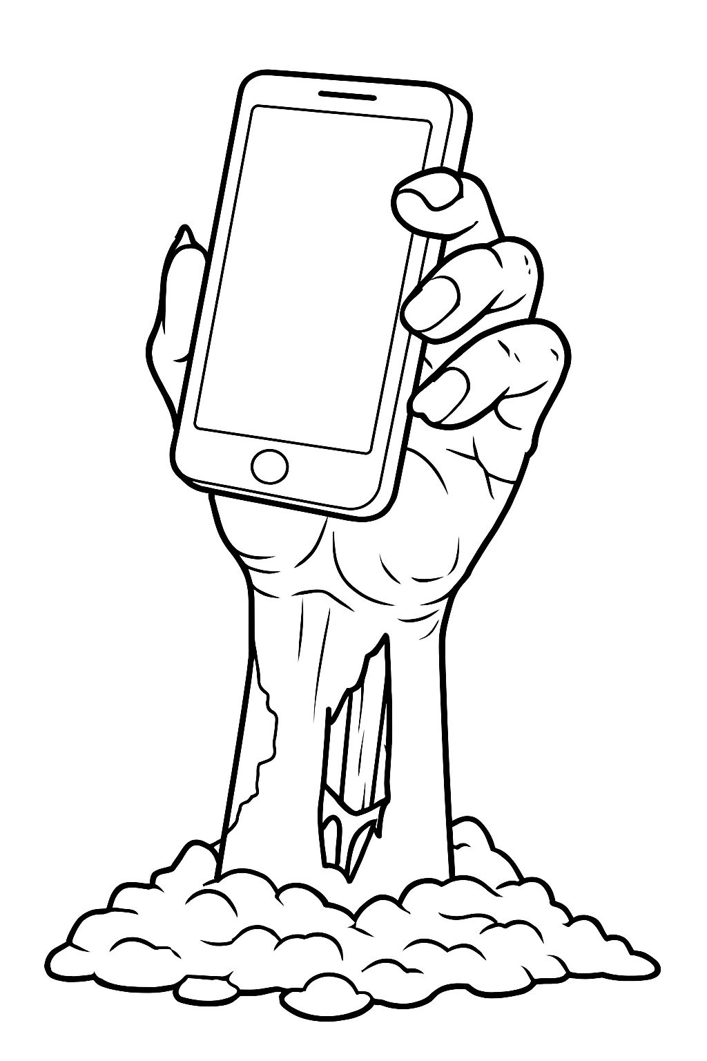 Eerie Zombie Hand Emerging from Dirt Grasping Smartphone Illustration Coloring Book Pages