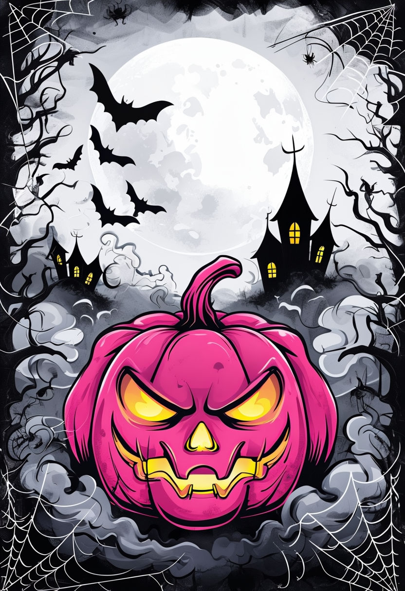 Menacing Pink Jack-o'-Lantern Halloween Cartoon Art Poster