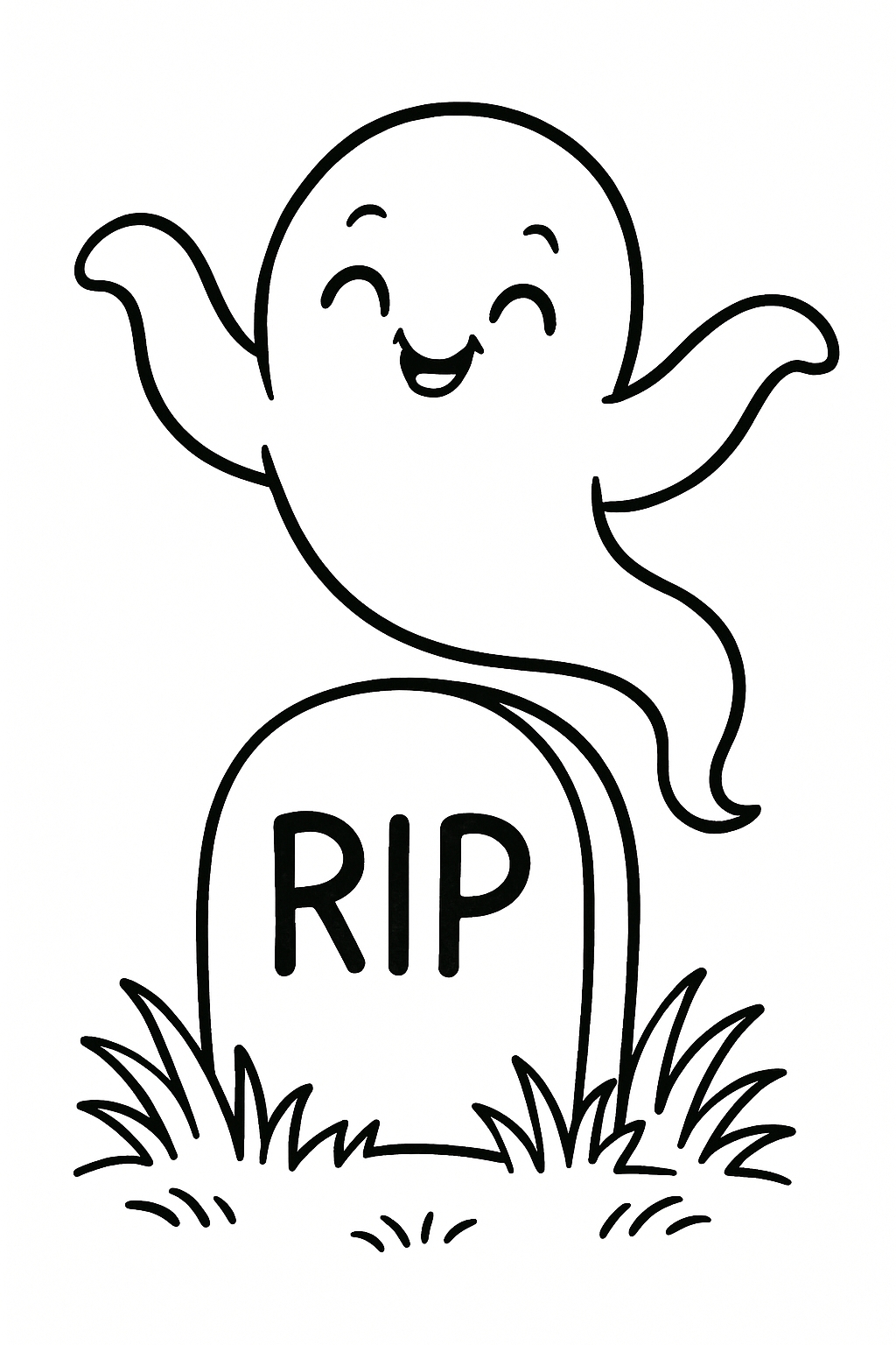 Cute Cartoon Ghost Above Gravestone Halloween Coloring Page