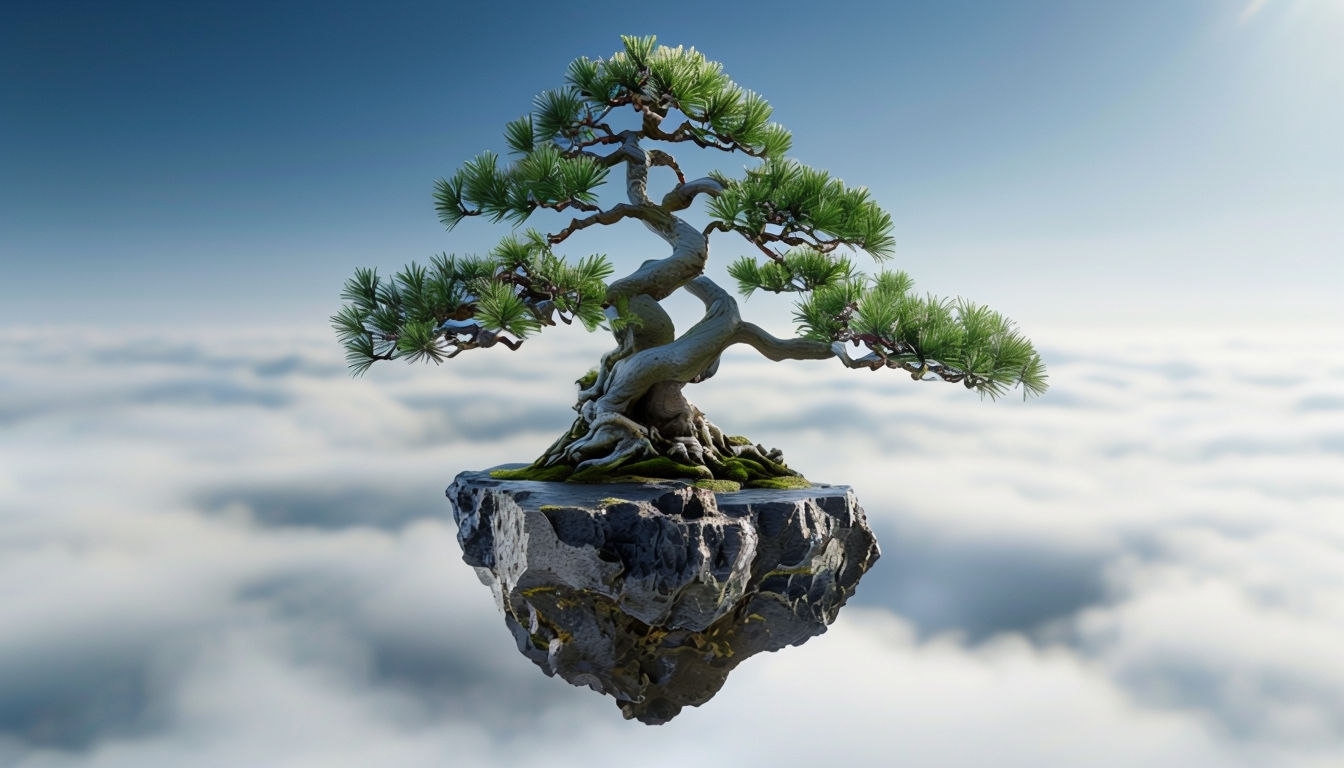 Bonsai Tree on Floating Rock in Serene Sky Background Wallpaper Virtual Backgrounds