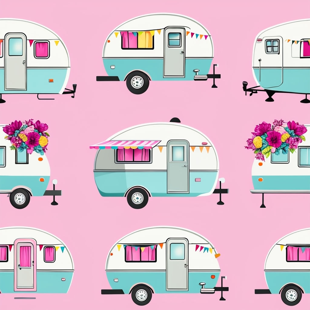 Vintage Camper Seamless Pattern on Light Pink Background