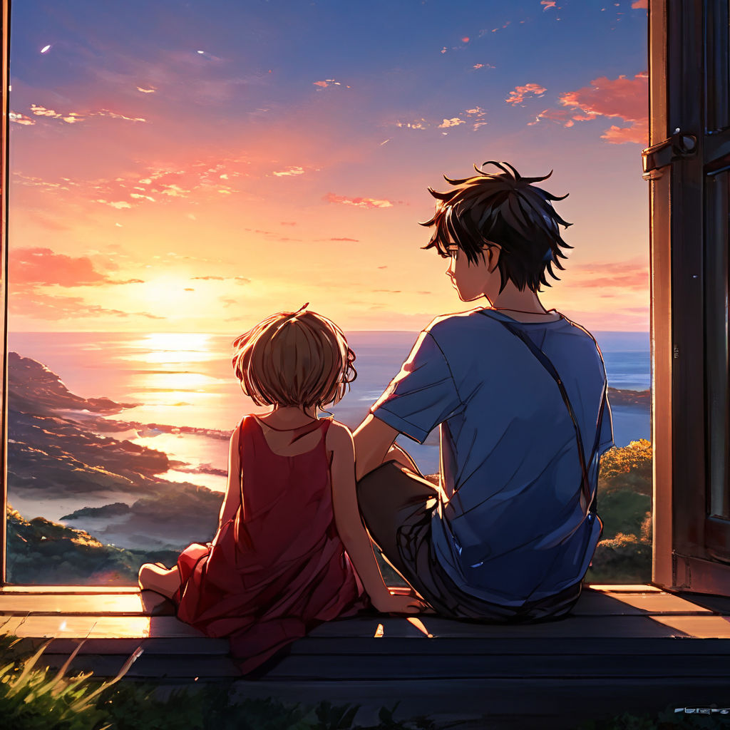 two boys and two girls sit on the beach and watch the dusk. Anime