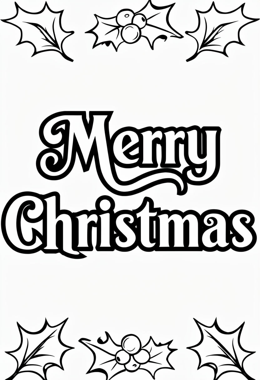 Merry Christmas Festive Black and White Line Art for Coloring Book Page