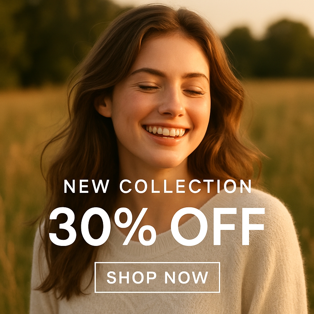 Joyful Young Woman in Sweater Promoting New Collection Ad