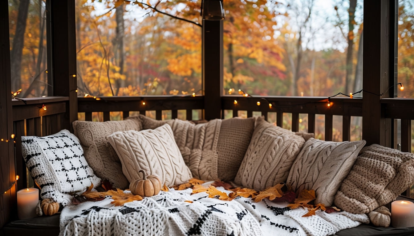 Cozy Autumn Porch Scene with Warm Lighting and Textiles Background