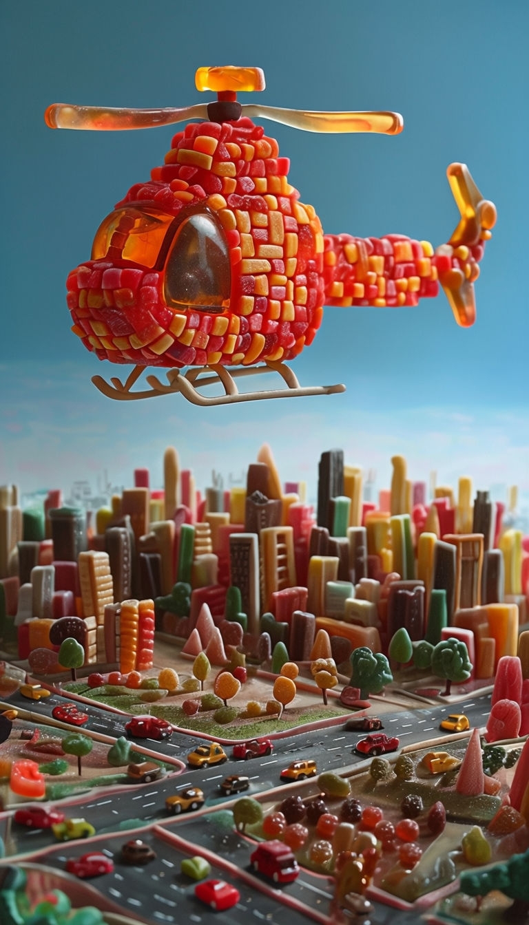 Vibrant Whimsical Gum Helicopter in a Colorful Candy City Art