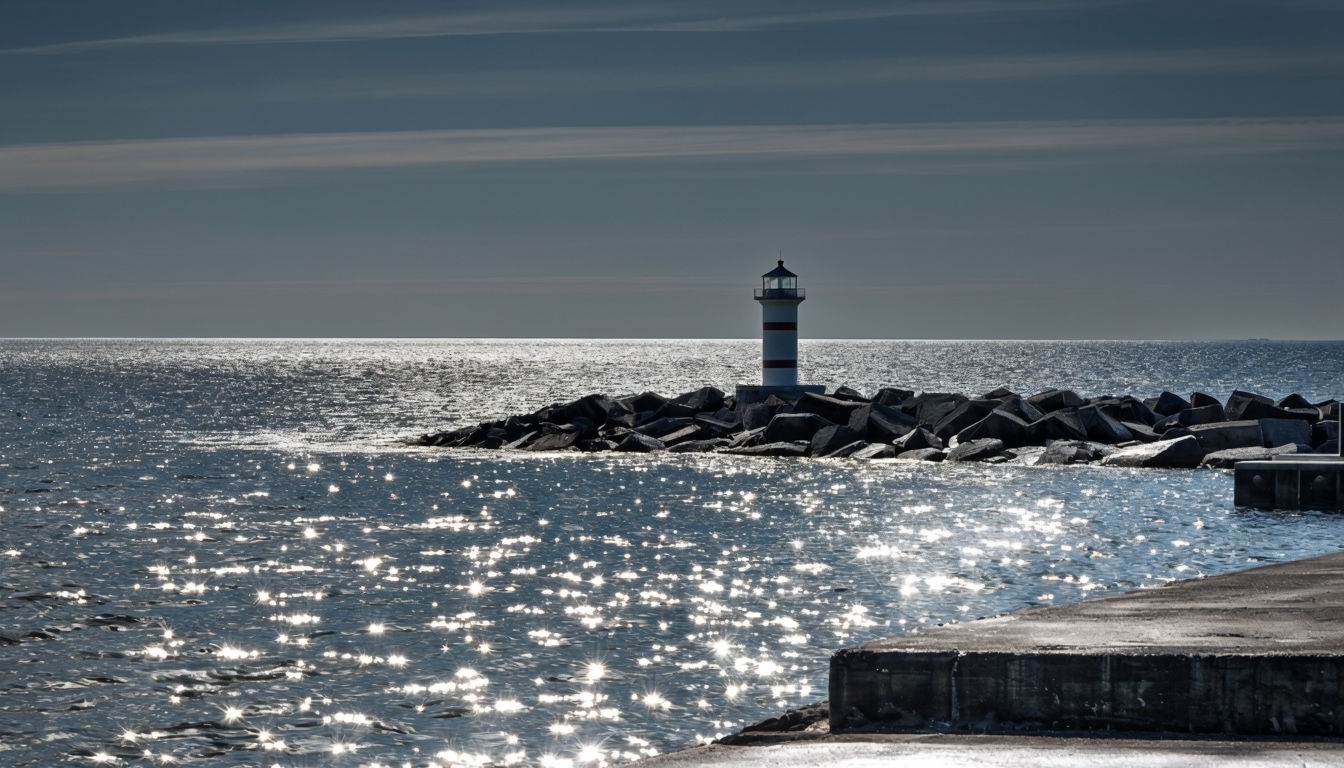 Serene Lighthouse Coastal Landscape with Calm Water Reflection Virtual Background