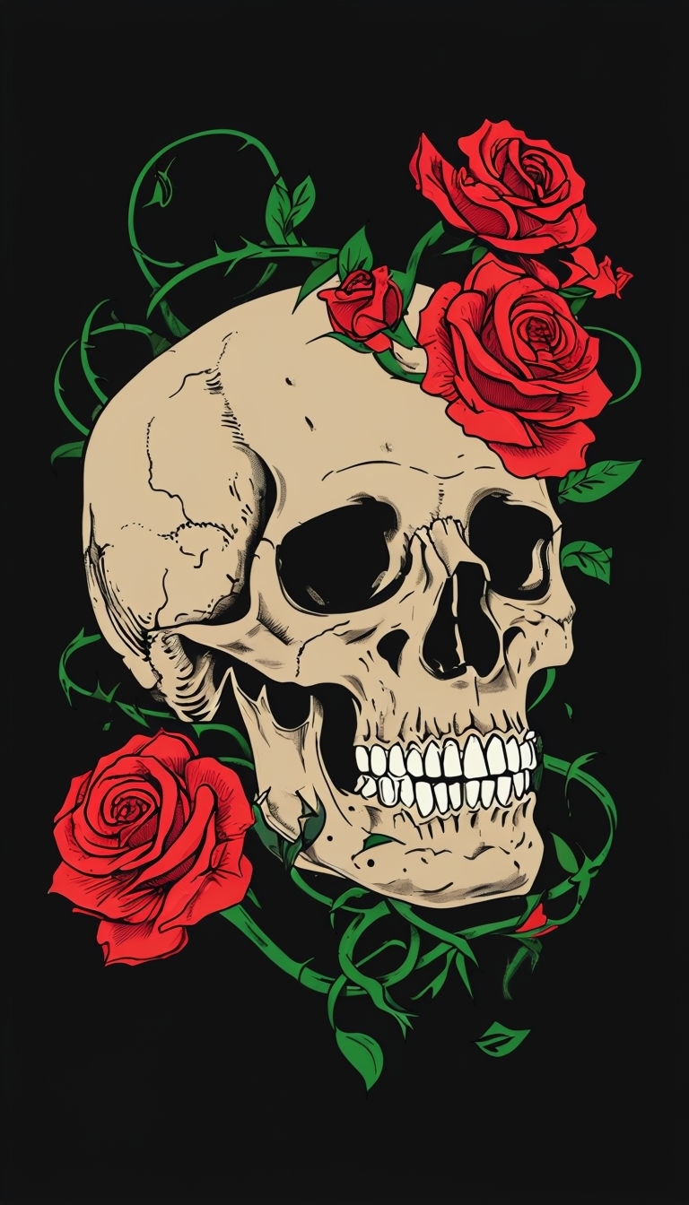 Vibrant Skull with Red Roses Tattoo Art T-Shirt
