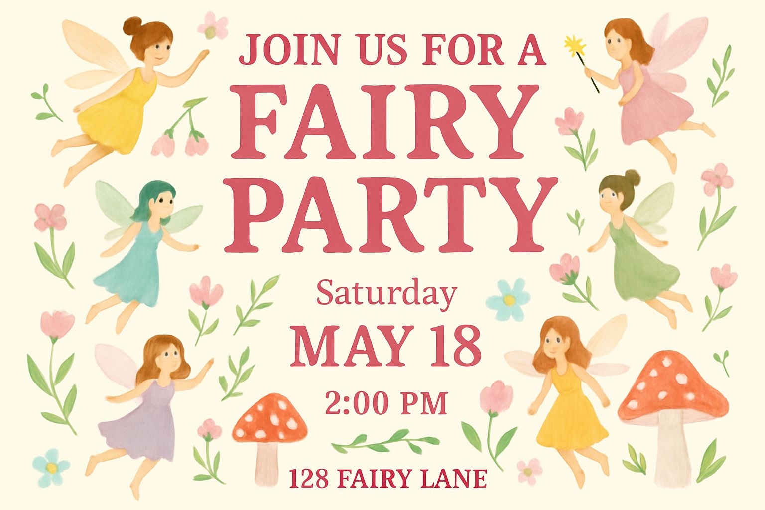 Whimsical Fairy Party Invitation Card with Colorful Illustrations