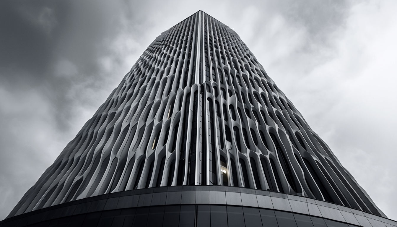 Modern Skyscraper in Black and White with Cloudy Sky Virtual Background