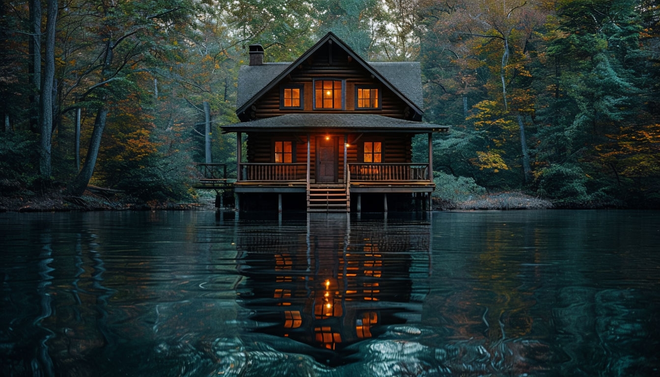 Serene Rustic Cabin Reflected in Calm Water Virtual Background