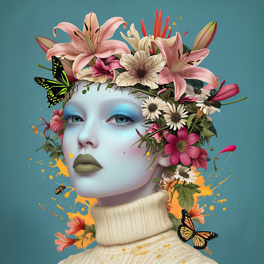 Ethereal Floral Crown Surreal Woman Digital Illustration