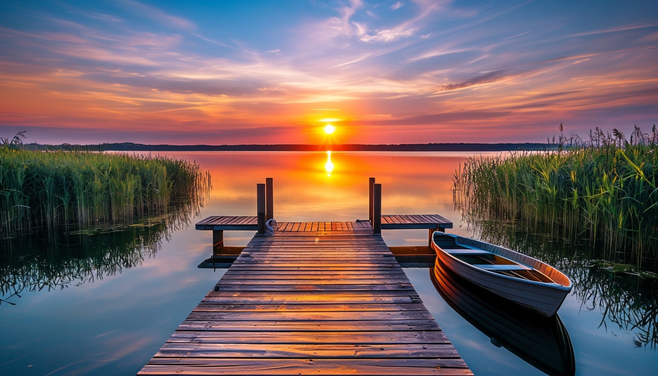 Tranquil Sunset Dock Reflection Landscape Art Poster