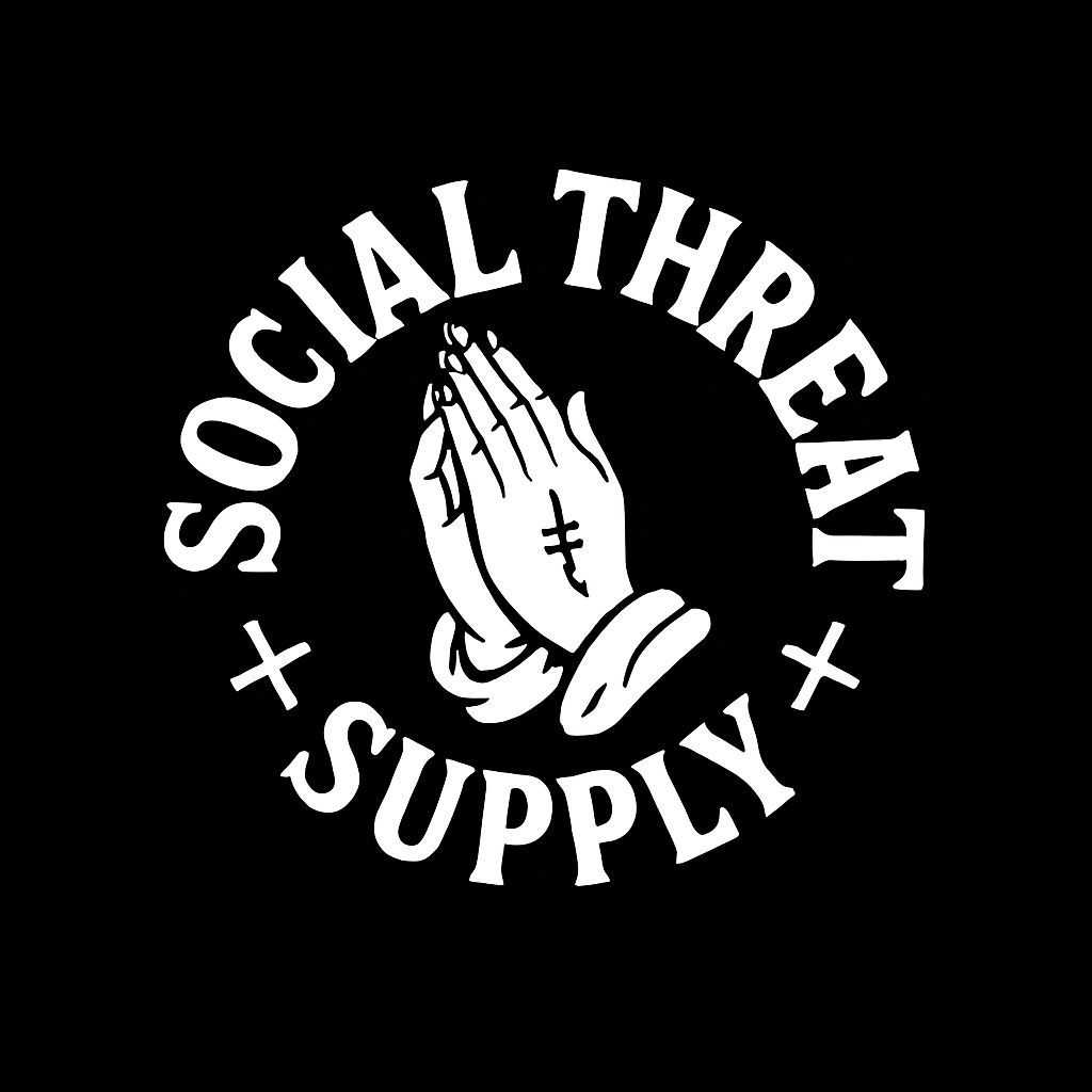 Praying Hands Emblem with Social Threat Supply Text T-Shirt