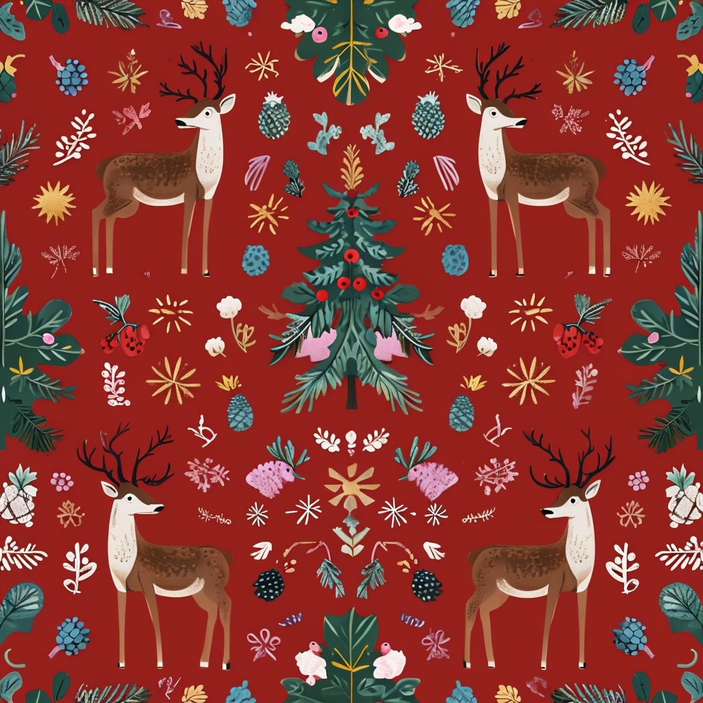 Festive Holiday Deer and Botanical Pattern Wrapping Paper