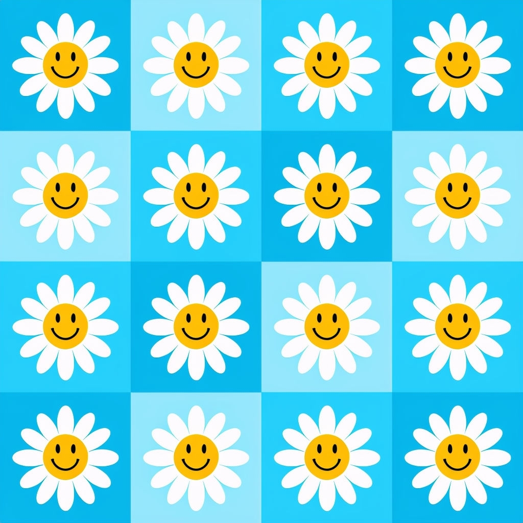Cheerful Daisy Faces in Blue Checkered Background Seamless Pattern