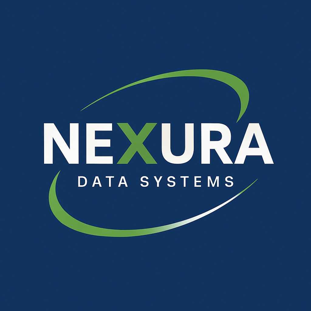 Modern NEXURA Data Systems Logo with Dynamic Lime Green Elements