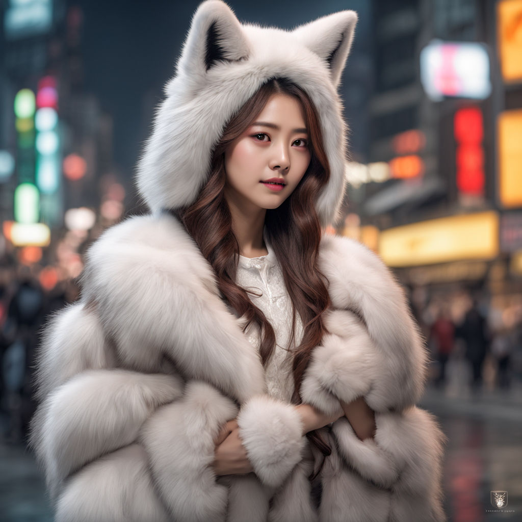 wearing huge white fur coat